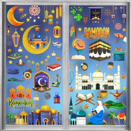 HOWAF 9 Sheets Ramadan Kareem Window Clings for Eid Holiday Window Decorations, Gold Eid Mubarak Party Decorations Window Stickers, Ramadan Mubarak Window Decals, Eid Home Ornaments