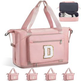 Gifts for Women & Girls-Initial Duffle Bag for Travel, Carry on Bag Duffel Bags, GYM Weekend Overnight Bag with Shoes Compartment,Hospital Bags -Pink D