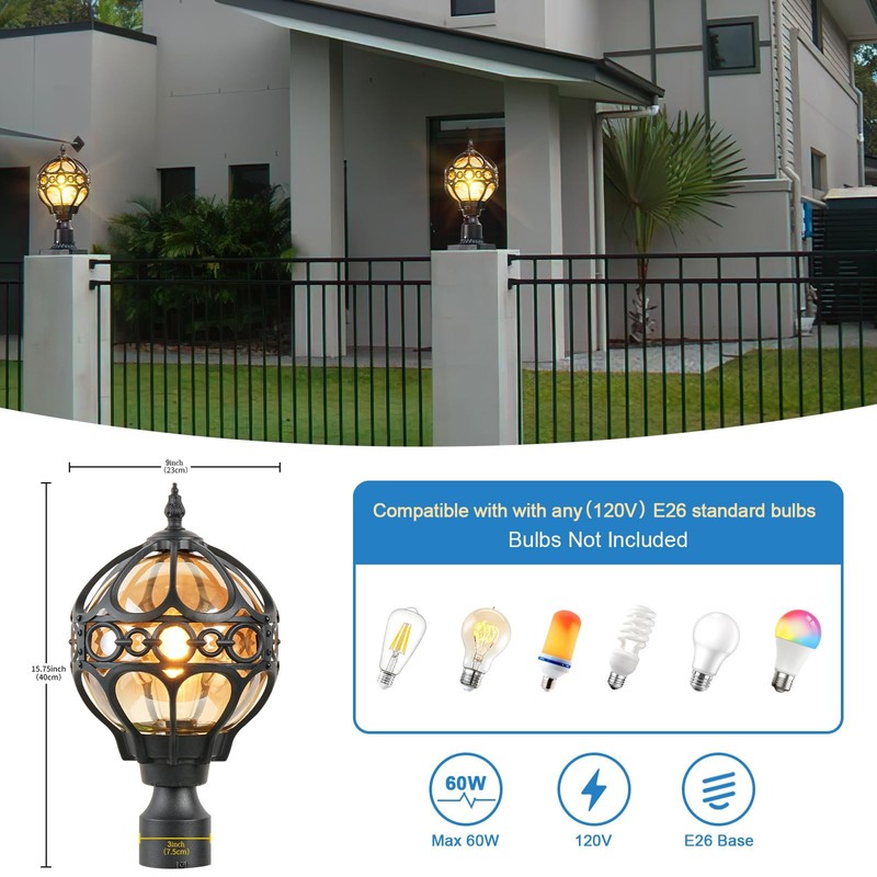2 Pack Outdoor Globe Lamp Post Light Fixtures, 15.8" Black