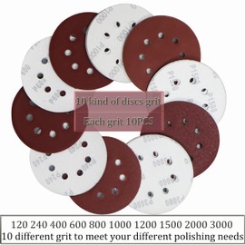 Piowio 100 Pcs 5 inch 8 Holes Sanding Discs 120 240 400 600 800 1000 1200 1500 2000 3000 Compatible for Random Orbital Sander (#120 - #3000 Each Grit 10 Pcs Red)