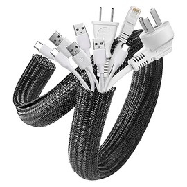 AGPTEK Funda para Cables de 7.6m 13-23mm, Funda de Ocultación de Cables Ajustable, Gestion de Cables con Trenzado Ranurado de PET, Protección de Cubierta de Cables para Cables de Automóviles/TV