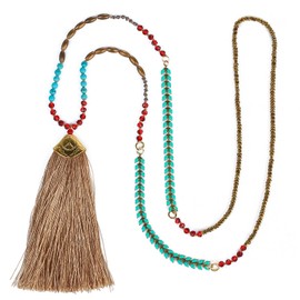 KELITCH Bohemian Chains Pendant Necklace Turquoise Crystal Beads Necklace Colorful Tassel Necklace for Women Fashion Jewelry (Beige)