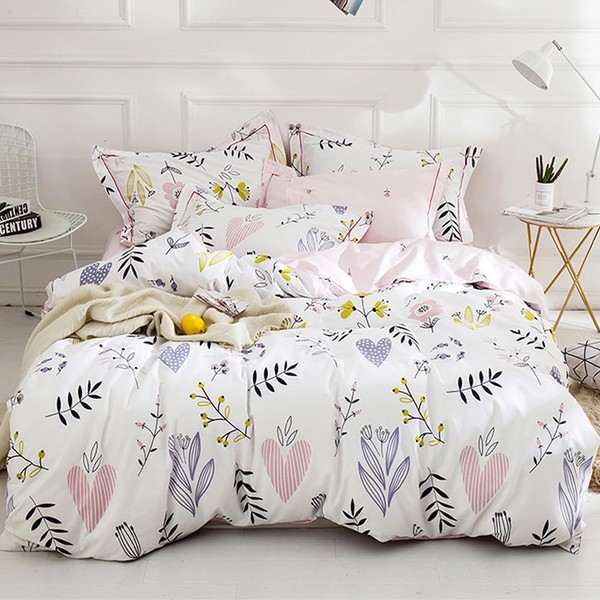 Girls Duvet Cover Queen Floral Bedding Sets White Pink Premium Cotton Colorful Flower Aesthetic Bedding Cover Queen for Teens Women Reversible Comforter Cover Soft Branches Bedding Collection Pink