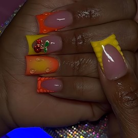 Duck Nails Press on Yellow French Tip Fake Nails with Cherry Designs 3D Water Droplet Stick on Nails Full Cover Glossy Glue on Nails Nude Pink Fake Nails for Women Manicure Kit