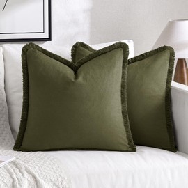 MIULEE Throw Pillow Covers 18x18 Set of 2 Olive Green Pillow Covers with Fringe Chic Cotton Decorative Pillows Square Cushion Covers Farmhouse Boho Decor for Sofa Couch Bed Living Room