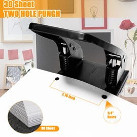 2 Hole Punch with 100 Prong Paper Fastener Heavy Duty Paper Two Hole Punchers for Paper File Folder Binder, Padded Handle, 30 Sheet Capacity, Black