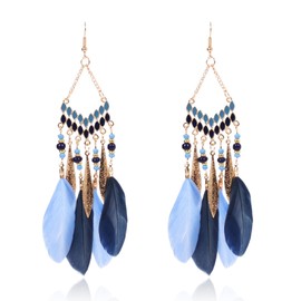 Feather Earrings for Women Girls Long Tassel Feather Dangle Earrings Vintage Multicolor Boho Beaded Tassel Earrings Jewelry Gifts (blue)