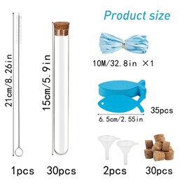 30pcs Plastic Test Tubes, Test Tubes 20ML Test Tubes with Cork Transparent Test Tubes with 35 Blue Fish Cards + 10 m Blue Ribbon + 2 Small Funnels + 1 Brush for Wedding Party Decorations(150 * 20mm)