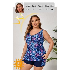 Halcurt Women's Plus Size Two Piece Bathing Suits Tankini Set with Shorts Pocket Tummy Control Swimsuit Navy Purple Floral 3X
