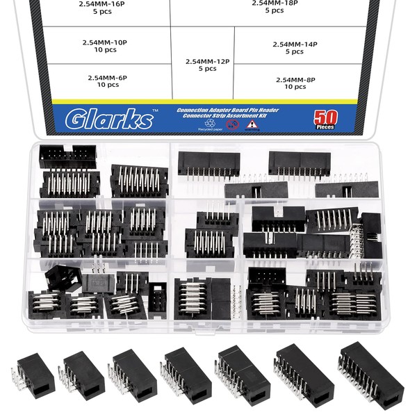 Glarks 50pcs 6/8/10/12/14/16/18 Pin 2.54mm Pitch Dual Row Right Angle