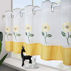 choicehot White Sheer Voile 60cm Height Short Curtains 145cm Length with Sunflower Embroidery Yellow British Plaid Cafe Kitchen Curtain Valance Window Decor for Balcony, Kitchen, 24" x 57"