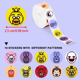 Pounchi Pixel FNAF Dot Stickers (1000 Pcs 1 inch) Cartoon Reward Stickers in 2 Rolls 10 Designs Gifts for Teacher School Supplies Laptop Water Bottle Vinyl Stickers for Teens Kids
