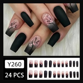 Cute Medium Coffin Press on Nails 24Pcs False Fake Nails Simple with Black Flower Design French Tip Full Cover Thick Glossy Acrylic Glue on Nails Stick on Nails for Women Y260
