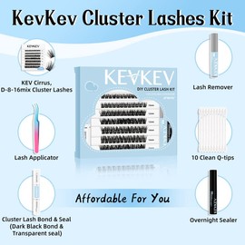 KevKev DIY Lash Extension Kit 84 Pcs Lash Clusters with Lash Bond and Seal Lash Glue Remover Overnighter Seal and Applicator for DIY Eyelash Extension(Cirrus Kit,D-8-16mix)