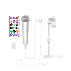 PUREMIC Singing Microphone with Earphone & Stand, Ideal for Vocal Recording, Podcasting, Live Streaming, Gaming, Compatible with Smule & Starmaker & Stingray, USB-C Dongle & Lightning Adapter, White