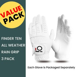 FINGER TEN Golf Gloves Men Left Right Hand Rain Grip Value 3 Pack, All Weather Durable Grip Size Small Medium Large XL White Black Blue Red Brown (White, Large, Left)