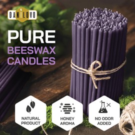Danilovo Pure Beeswax Candles - No-Drip, Smoke-Less, Tall, Thin Taper Candles – Decorative Candles for Church Prayer, Decor or Birthday Candles – Honey Scented Candles – 7.3”x0.24” (Purple, 50pcs)