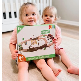 Wooden Train Track Set for Toddler, 54-Piece Farm Train Toy Set for Kids 3-5 w/Full Color Instruction, Double Sided Tracks Fit Brio, Thomas, Realistic Train Railway Playset Birthday Gifts Boys Girls