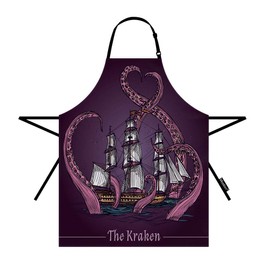 Moslion Octopus Apron 31x27 Inch Kraken Waves Sail Ship in Giant Monster Tentacles in Ocean Sea Kitchen Chef Waitress Cook Aprons Bib with Adjustable Neck for Women Men Girls Purple