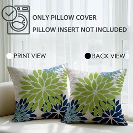 JANGYUHH Set of 2 Cushion Covers, 45 x 45 cm, Modern Flowers, Decorative Cushions, Double-Sided Pattern, Green, Blue, White, Dahlia Sofa Cushion, Outdoor Cushion, Linen Decorative Cushion Covers for
