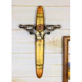 Ebros Gift Rustic Western Wild West Dual Handgun Pistols With 12 Gauge Bullet Shell Casing With Scroll Art Wall Cross Decor Plaque Vintage Design Hanging Sculpture Decorative Crosses
