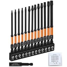 Bretreead 4’’ Long Impact Torx Bit Set 13pcs (T7-T40), S2 Steel Security Torx Bit Set, CNC Machined Tips tamper proof star bits, 1/4 ‘’ Hex -Shank torx bits with magnetic bit holder and Storage Box