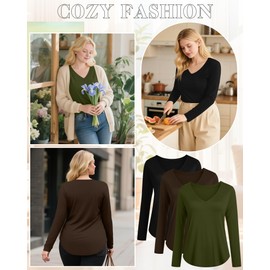Ficerd 3 Pack Women's Plus Size T-Shirts, V Neck Long Sleeve Blouse Shirts Loose Fit Curved Hem Tees Casual Swing Tunic Tops(Army Green, Brown, Black,XX-Large)