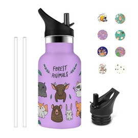 Grsta Children's Drinking Bottle, 350 ml Stainless Steel Drinking Bottle, School, Cold and Warm, Metal Drinking Bottle, Can Be Carried, Drinking Bottle with Straw, for Children Over 24 Months, Purple