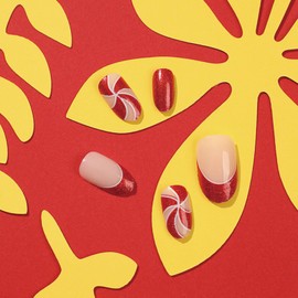 Christmas Red French Tip Press on Nails Short Almond Fake Nails with Sparkling Red Glitter White Swirls Designs Winter Xmas Glue on False Nail Artificial Acrylic Stick on Nail for Women 24Pcs