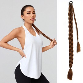Dongkaili Ponytail Braid Extension with Hair Tie Long Braided Straight Wrap Around Hair Extensions Ponytail Natural Soft Synthetic Ponytail Extension for Women Daily Wear (Flax brown, 26inch)