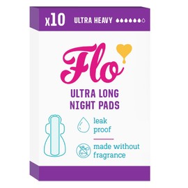 Flo Bamboo Night Period Pads – Ultra Long, Super Absorbent, Soft - 4 Wings, Breathable Pads for Super Heavy Flow – 10 Pads