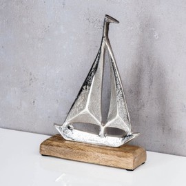 levandeo Sailing Boat Height 21 cm Metal Mango Wood Silver Natural Maritime Decorative Boat Ship Sea Coast Decoration Stand Table Decoration