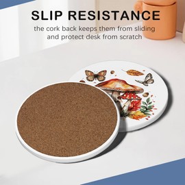 Cute Mushroom Drink Coasters with Holder,Ceramic Coasters for Tables, Cork Backed Drink Mats for Coffee/Wine,Kitchen & Office Accessories