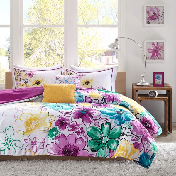 Intelligent Design Comforter Set Vibrant Floral Design, Teen Bedding for Girls Bedroom, Mathcing Sham, Decorative Pillow, King/California King, Olivia Blue 5 Piece