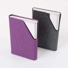 homEdge Business Card Holder, Slim Professional 2 Packs PU Leather+Stainless Steel Business Card Case for Traveling and Business-Gray and Purple