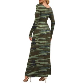 DEARCASE Maxi Dress for Women Camouflage Green Medium Round Neck Boho Long Sleeve Wedding Guest A-line Casual Hawaiian Empire Waist Flowy Spring Fall Winter Floor Dresses with Pocket