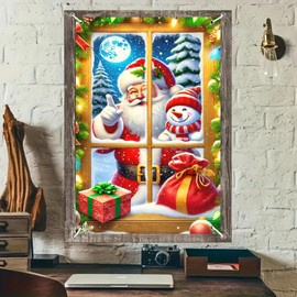 BlissYard Christmas Window Banner 31x47 Inch Santa Snowman Window Cover Xmas Wall Decor Holiday Hanging Backdrop Gift Boxes Snow Pine Branch Lights Winter Indoor Outdoor Party Decoration