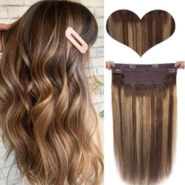 Wirees Human Hair Extensions ,Ombre Chocolate Brown to Caramel Blonde Highlights Remy Hair Extensions Balayage Secrect Wire Extensions Natural Straight Hair Flip in Extensions 20 inch 100g