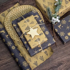 Christmas Wrapping Paper, Reversible Christmas Wrapping Paper Roll, Vintage Navy Blue and Brown Kraft Wrapping Paper, Snowflake Reindeer Gift Wrapping Paper for Christmas Holiday, 17 Inch x 33 Feet
