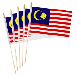 5 Pack Malaysia Malaysians Small Mini Wood Hand Held Stick Flag,Suitable For Various Holiday Parties, World Cup, National Day, And National Flag Day.