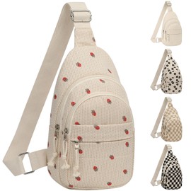 ELONGRIVER Corduroy Small Crossbody Bags for Women Teen Girls Trendy, Cute Sling Bag for Girls Travel Hiking, Beige Strawberry