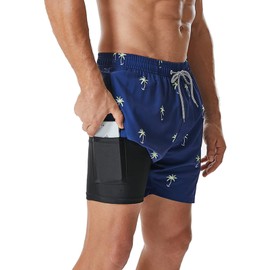 SILKWORLD Traje de baño para hombre con forro de compresión, secado rápido, pantalones cortos de natación de 5 pulgadas con bolsillos con cierre, Árbol de coco pequeño, X-Large
