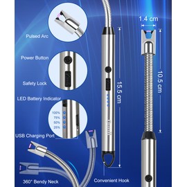 Ounil Electric Lighter Candle lighters USB Rechargeable Type-C Windproof Flameless arc Lighter LED Battery Display, Suitable for Light Candle Firework BBQ Camping (Silver