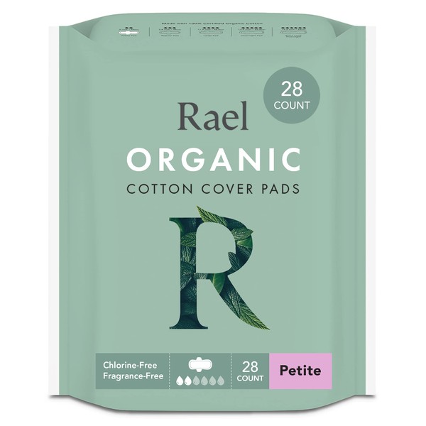 Rael - Servilletas sanitarias de algodón orgánico, ultra finas y ligeras, con alas (2 unidades), Petite (28 Count)