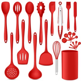 E-far Silicone Cooking Utensils Set, 24Pcs Heat Resistant Kitchen Utensil with Holder, Silicone Kitchen Tools with Spatula Turner Spoon Tongs Whisk, Non-Toxic & Dishwasher Safe (Red)