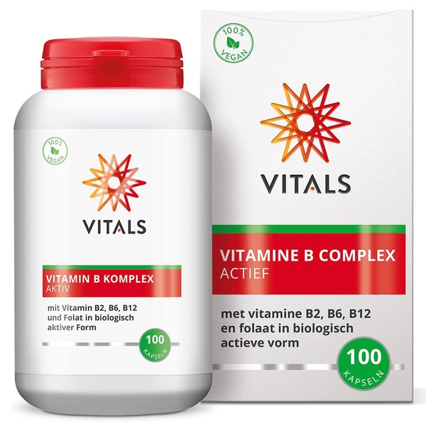 Vitals - Vitamin B complex active, 100 capsules with B1, B2, B3, B5, B6, B12, biotin, choline, inositol, PABA and folate in biologically active form. 100% vegan.