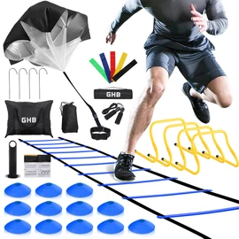 GHB Agility Ladder,Football Training Equipment Set,4 Agility Hurdles, 20 feet12 Rungs Speed Ladder,12 Disc Cones,Resistance Parachute, Jump Rope, 4 Resistance Bands (Blue)