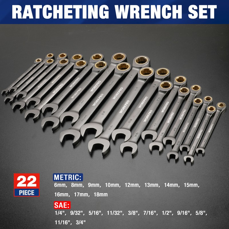WORKPRO 22-Piece Ratcheting Wrench Set Nickel Plating 72 Teeth Metric