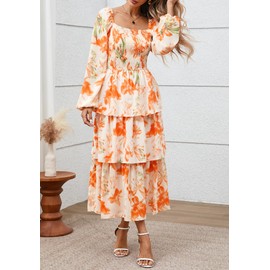 BTFBM Women's Fall Boho Floral Maxi Dresses 2025 Casual Long Sleeve Square Neck Flowy Tiered Ruffle Wedding Guest Dress2025(Floral Apricot Orange, Large)