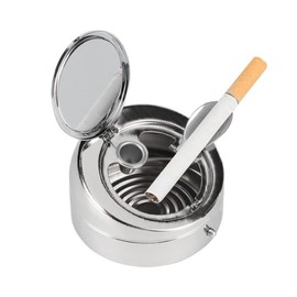 WAYUTO Circular Ashtray with Lid Stainless Steel Smell Proof Portable Mini Smokeless Flip Cover Windproof Self Extinguishing Butt Bucket Ash Tray Indoor Outdoor Travel Home Office Modern Tabletop